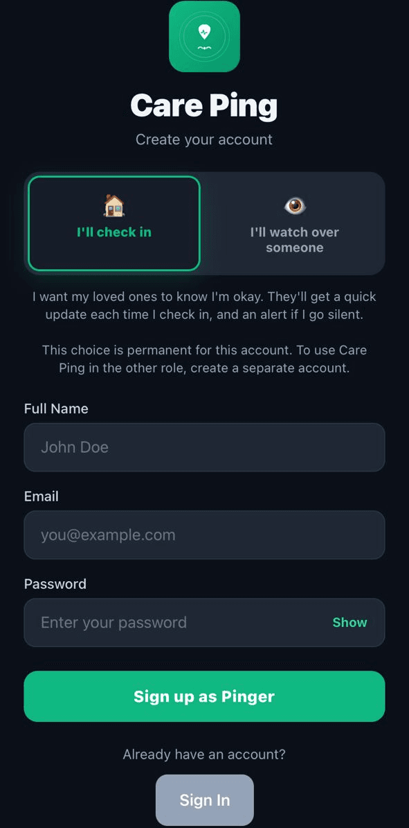 Careping sign-up screen with a choice between checking in (Pinger) or watching over someone (Guardian)